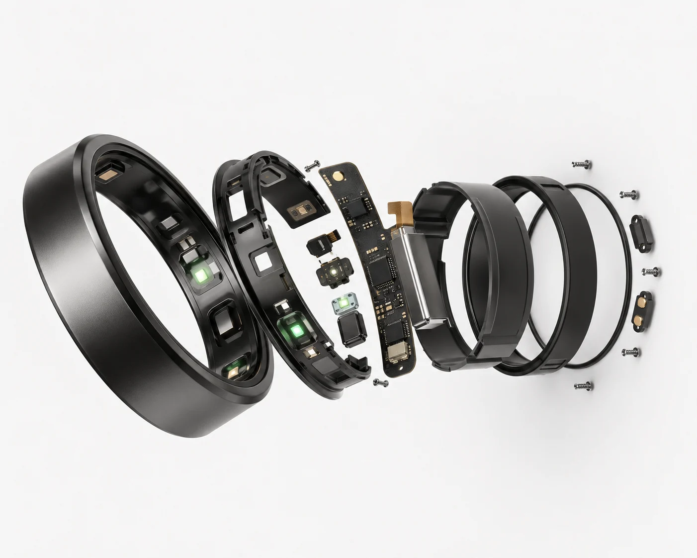 An exploded view of UbiRing: the outer titanium shell, the inner frame carrying the optical sensor windows, a flexible circuit board, the battery cell, the inner rings and the fasteners, laid out in a line.